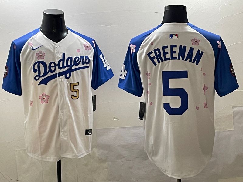 Men Los Angeles Dodgers #5 Freeman White Blue Sakura Edition 2025 Nike MLB Jersey style 7